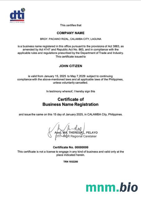 Philippines Calamba vcertyfikat of business Name registration Word i szablon PDF